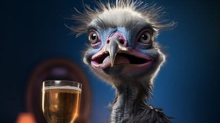 Happy laughing ostrich with a cocktail - obrazy, fototapety, plakaty