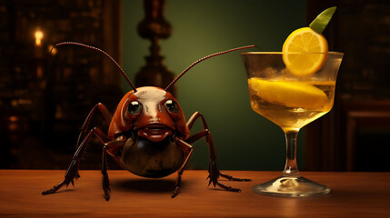 Happy lively beetle with a cocktail