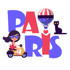 Paris vector illustration with girl driving scooter - 731663989