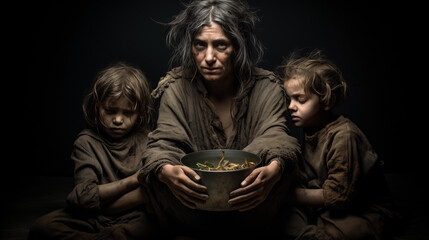 A Mother and two young children suffering from hunger amidst the harrowing realities of war. Vulnerability of human spirit in the face of adversity and conflict