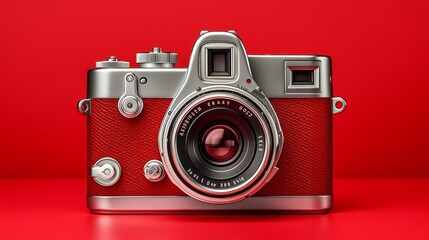 A striking visual of a vintage silver and red retro photo camera elegantly isolated on a vibrant red background 