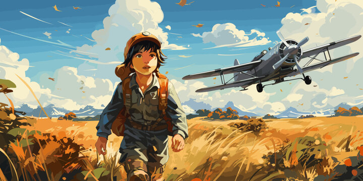 the boy flying in the sky with the planes, digital art style, illustration painting