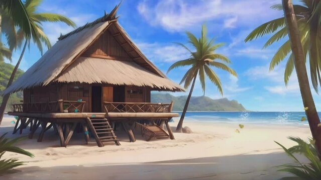 The peaceful feel of a traditional hut on the beach with views of the sea water with calm waves, as well as green natural scenery