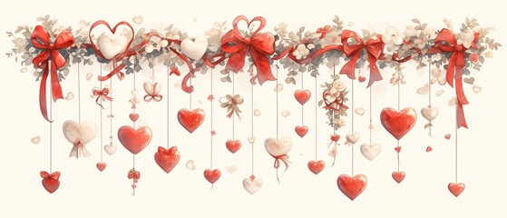 Garland,bright light red, sparkling glitter smal and big hearts on white background,valentins day,mothers day