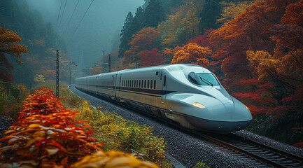 Illustration of a modern bullet train from the side view in a rural area. Modern transport, unusual background. - obrazy, fototapety, plakaty