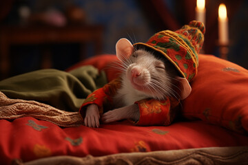 Rat, Ratatouille sleeping in bed with a funny little hat