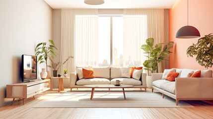 Large spacious modern living room with white couches yellow cushions big window and TV screen. Interior design concept