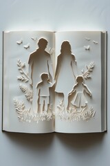 Photo featuring a smooth, white family-shaped paper laid on an opened book