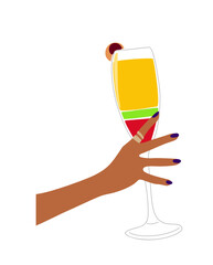 Female hand holding Exotic cocktail, Tequila Sunrise, Cosmopolitan, Martini. Popular alcohol drink in glass with decoration. Colorful Vector illustration isolated on transparent background. 