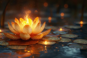 Glowing Lotus Flower in a Pond on a Full Moon Night Generative AI - obrazy, fototapety, plakaty