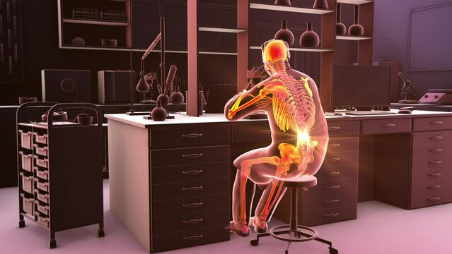 Work-related musculoskeletal disorders in laboratory workers, conceptual 3D animation showing a lab specialist with highlighted skeleton working with microscope having back pain.