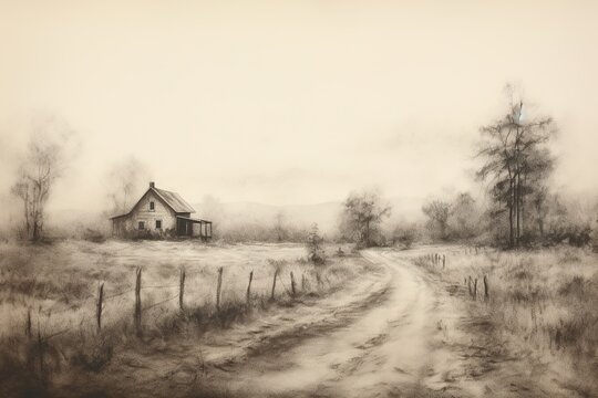 Country Farmhouse in Rustic Landscape Painting

