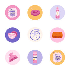 Cute and funny round highlights for social media, blogs, business, branding with spa, hygiene and bathe illustrations. Cover icons for stories with cosmetic products, washing items vector clipart