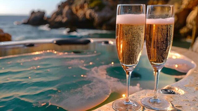 champagne glasses by jacuzzi ocean view. romantic scene at resort. Hot tub bubbling on Holiday resort romantic 4k video