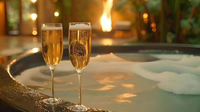 champagne glasses by jacuzzi in resort. romantic scene at resort. Hot tub bubbling on Holiday resort romantic 4k video