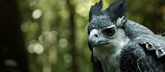 A harpy eagle, a majestic bird of prey, stares at the camera with its piercing eyes amidst the woodland. Its powerful beak and magnificent feathered tail captivate the viewer. - obrazy, fototapety, plakaty