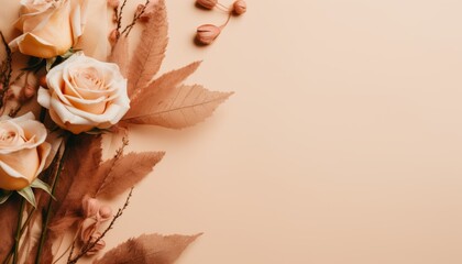 Creative layout made of autumn leaves and flowers. Flat lay, top view, copy space