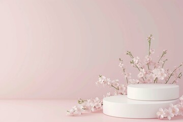 Empty white podiums with flowers on pastel pink background. Minimal geometric podium.