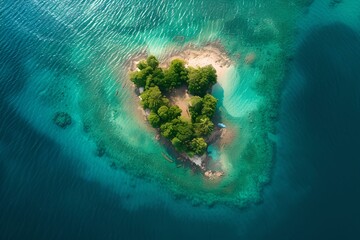 Heart-shaped tropical island surrounded by turquoise water seen from above. perfect for romantic getaways and nature themes. AI