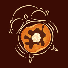 Vector illustration of an alarm clock with a pancake on a brown background. Pancake time. Get up. Breakfast time. Postcard, banner, image for printing.