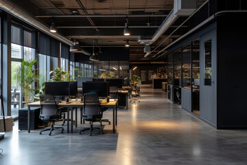 Interior of modern coworking office with black walls, concrete floor, rows of computer tables and panoramic windows - obrazy, fototapety, plakaty