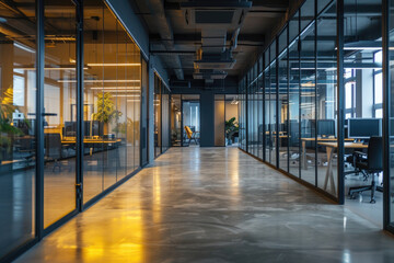 Obraz premium Interior of modern coworking office with black walls, concrete floor, rows of computer tables and panoramic windows