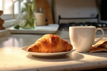 Perfect Morning Duo: Croissant and Espresso Coffee on Table