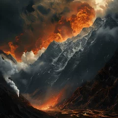 Tuinposter Dramatic volcanic eruption in mountainous landscape under ominous clouds. fiery lava flow artwork. intense nature scene. AI © Irina Ukrainets