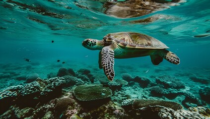 Serene sea turtle gliding over coral reef in clear blue waters. nature's underwater beauty captured in style. perfect for environmental themes. AI