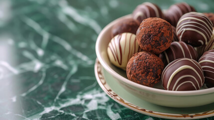 Delicious chocolate truffles lie in a saucer on a green marble table. Concept for National Truffle Day, May 2.