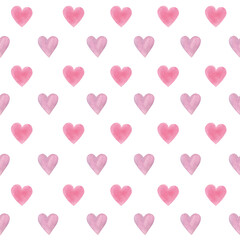 Valentines day, watercolor illustration. Hand drawn  aquarelle pink and purple hearts pattern
