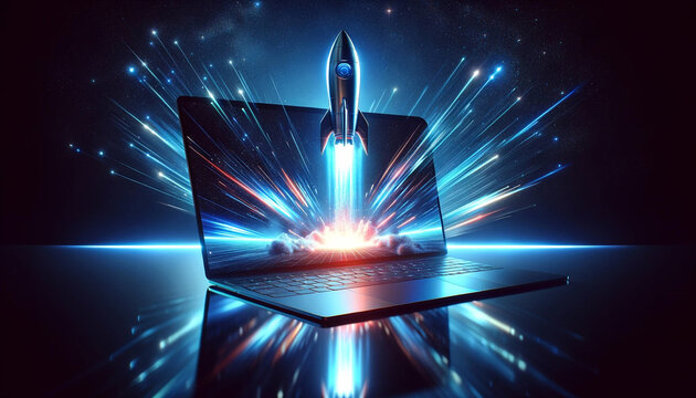 Rocket launch on laptop, flying rocket icon, business startup project concept. 3d render illustration. generative AI, space kouncher, rocket louncher, laptop with rocket, rocket, futuristic