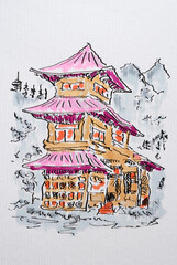 House sketch created with black ink and markers. Color illustration on watercolor paper - 731670312
