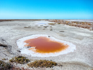 Subsidence funnels on salt marsh are filled with lakes of diverse colors. Red color caused by...