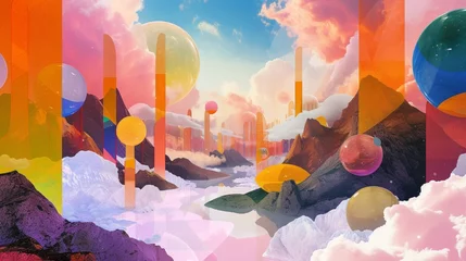 Zelfklevend Fotobehang Colorful abstract landscape with geometric shapes in bold primary colors floating in a sea of pastel clouds, surreal floating islands dotted with translucent flora © usama