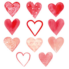 Valentines day, watercolor illustration. Set of hand painted  aquarelle red and pink hearts. Isolated elements perfect for Valentine's day card or romantic post cards