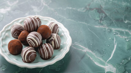 Delicious chocolate truffles lie in a saucer on a green marble table. Concept for National Truffle Day, May 2.