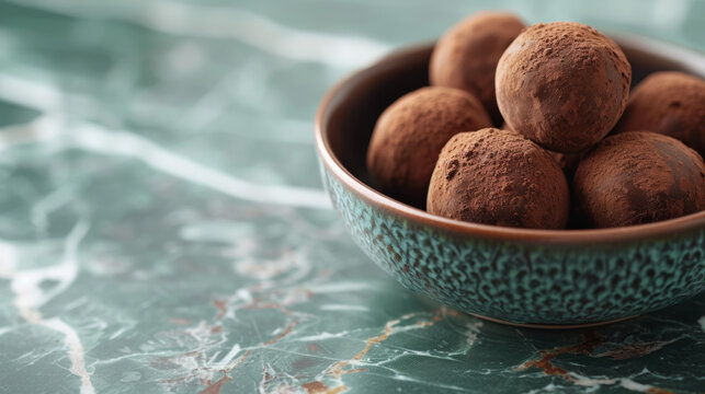 Delicious chocolate truffles lie in a saucer on a green marble table. Concept for National Truffle Day, May 2.