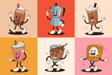 Retro groovy set with coffee mascot, cartoon characters, funny colorful doodle style characters, cappuccino, cocoa, latte, espresso and americano. Vector illustration on beige isolated background.