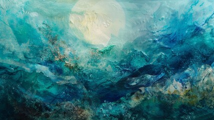 Colorful abstract landscape with layers of translucent veils in shades of blue and green, shimmering with iridescence like an underwater paradise, ethereal forms drifting through the space