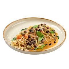 Portion of gourmet pasta with kalamata olives
