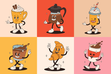 Retro groovy set with coffee mascot, cartoon characters, funny colorful doodle style characters, cappuccino, cocoa, latte, espresso and americano. Vector illustration on beige isolated background.