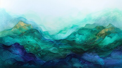 Fototapeta na wymiar Colorful abstract landscape with layers of translucent veils in shades of blue and green, shimmering with iridescence like an underwater paradise, ethereal forms drifting through the space