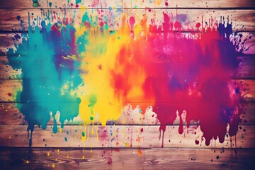 Colorful paint splashes on wooden background. Abstract grunge background
