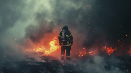 Firefighter finds himself immersed in smoke and facing many flames. Space for text. International Firefighters' Day, May 4. 