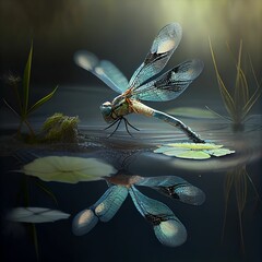 AI-generated illustration of a blue dragonfly over a pond reflected in the water - obrazy, fototapety, plakaty