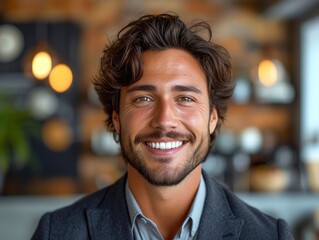 Fototapeta premium Portrait of handsome smiling businessman with suit in office background