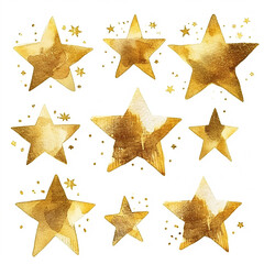 Obraz premium golden 3d stars set cartoon style watercolor illustration on white background