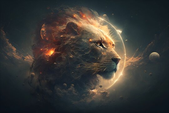 Fototapeta AI-generated illustration of a lion's head in glowing the sky