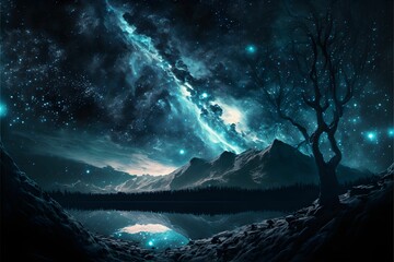 AI-generated illustration of a mountain near a lake under the mysterious starry sky - obrazy, fototapety, plakaty